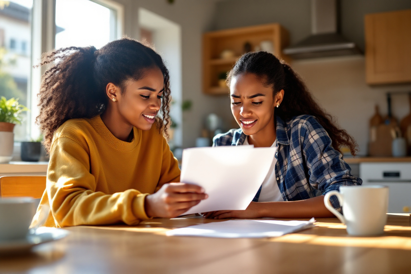 A parent and child reviewing a report card together at a table